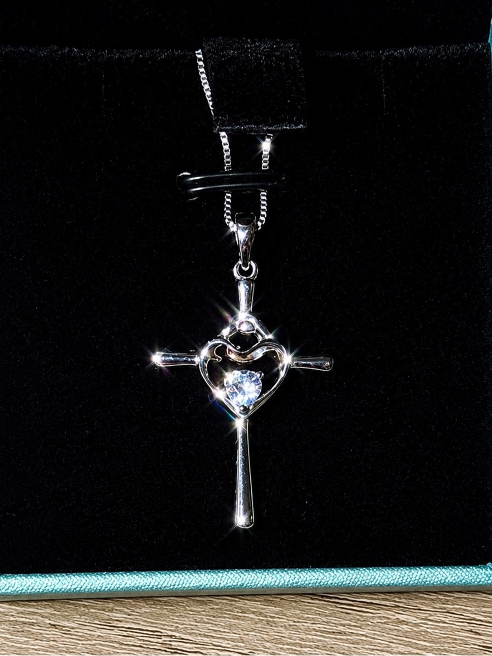 Sterling Heart Cross Pendant Necklace with Clear Stone - Silver